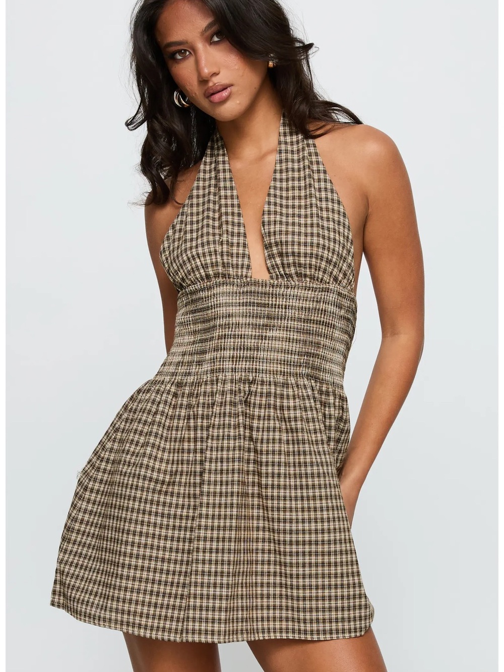 Princess Polly Brown Plaid Halter Smocked Mini Dress
